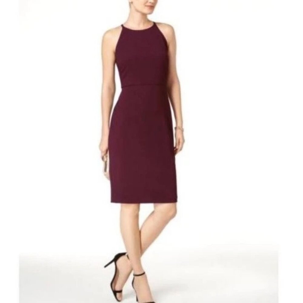 Taylor Burgundy Lace Back Apron-Halter Sheath Dress